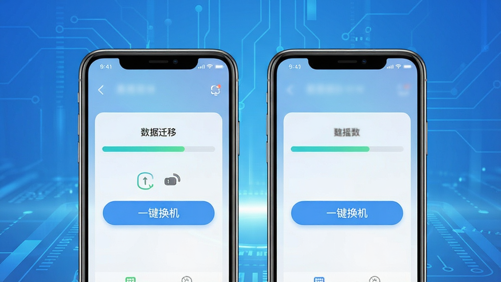 手机换机互传同步助手主界面展示,两部智能手机并排放置,屏幕中显示数据迁移进度条与“一键换机”按钮,背景为简洁的蓝色渐变科技风格,布局居中,画面干净明亮,细节清晰,画质高清,无多余元素