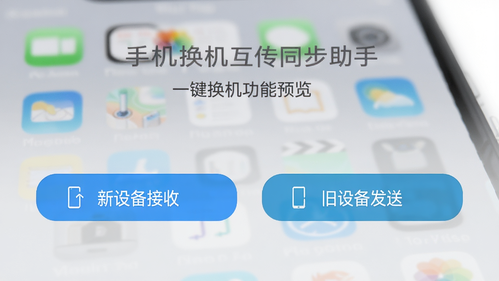 手机换机互传同步助手一键换机功能预览图,界面显示“新设备接收”与“旧设备发送”两个选项按钮,背景为浅灰色手机桌面,布局简洁明了,风格写实,细节丰富,画质干净,无多余元素