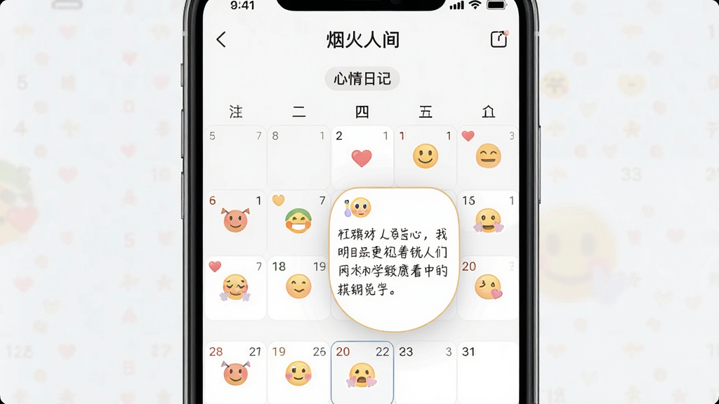 һ���ֻ�App����ĸ�������������ǡ��̻��˼䡱�������ռ�����ҳ�棬���������ϵ�׺�Ų�ͬ��ɫ���������ͼ�꣬����һ�챻�Ŵ���ʾ����һƪ�����ռǡ��������ֻ���Ļ���У�������ࡣ�Ű����������Ǽ��ı�ƽ����ƣ�ɫ�ʵ��š�ϸ�ڰ�����Ļ�����ġ��̻��˼䡱�����������ϡ������ռǡ���ǩ�������������ɾ����޶���Ԫ�ء�