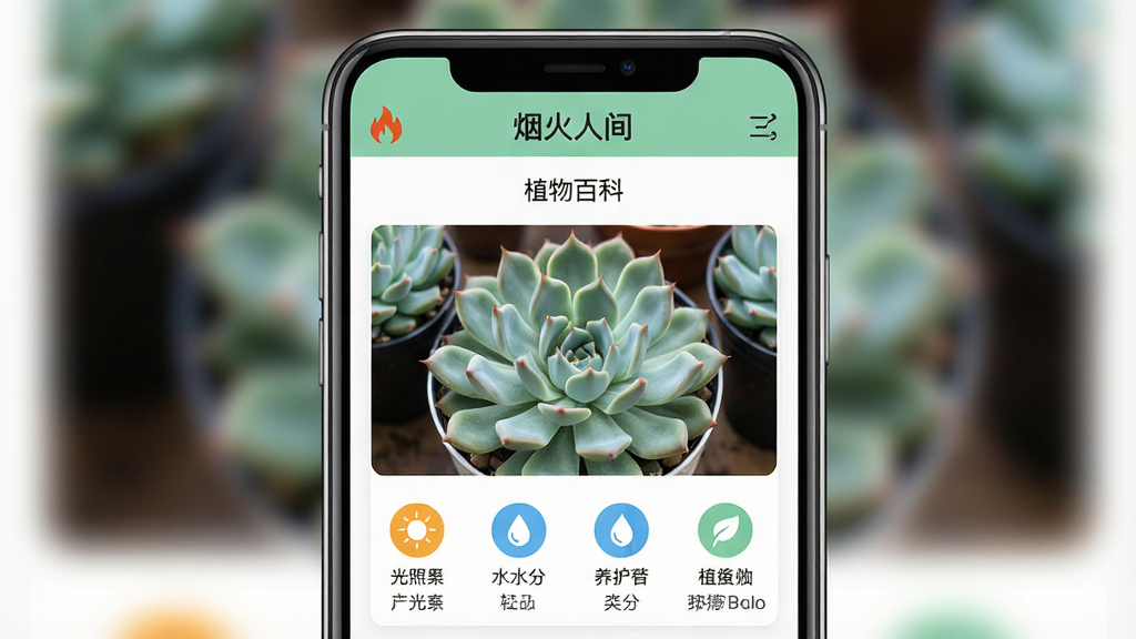 һ��չʾ�ֻ�Ӧ�ý���ĸ����ͼ���ͼƬ�������ǡ��̻��˼䡱App��ֲ��ٿ�ҳ�棬��Ļ����ʾ�Ŷ���ֲ��ľ���ͼƬ����ϸ������˵�����������ա�ˮ�ֵ�ͼ�ꡣ�������ֻ���Ļ������д�������黯���Ű���������Ϣ�㼶����������Ǳ�ƽ��UI��ƣ�ɫ���������졣ϸ�ڰ�����Ļ�ϵġ��̻��˼䡱Logo�͡�ֲ��ٿơ������������������ɾ����޶���Ԫ�ء�