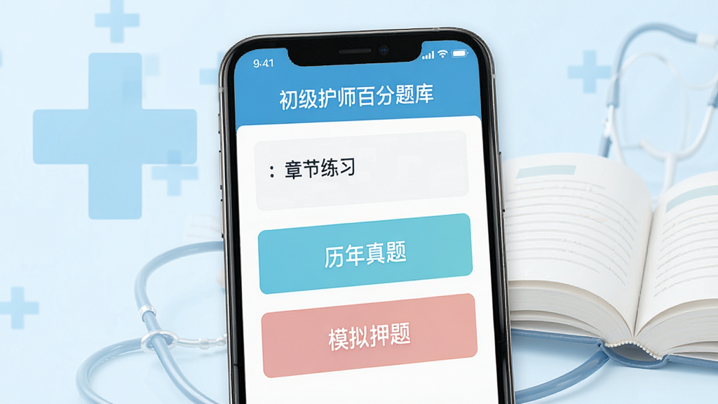 画面主体为一部智能手机屏幕展示初级护师百分题库应用界面,界面清晰显示章节练习、历年真题、模拟押题等核心功能按钮,背景为淡蓝色医疗十字与书本元素,整体布局简洁明了,排版规整,风格清新专业,细节精致,画质高清干净,无多余元素。