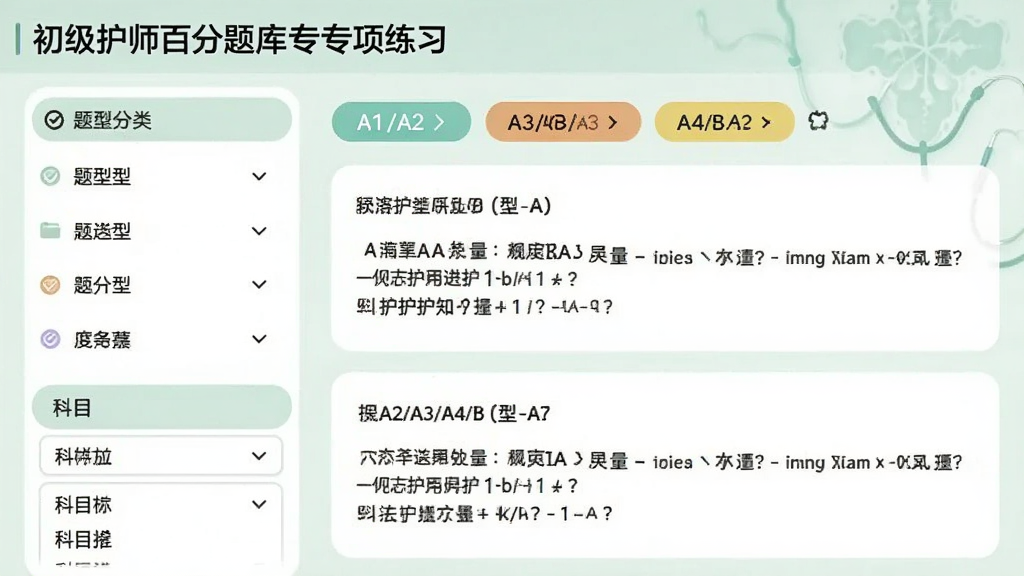 展示初级护师百分题库专项练习界面,左侧筛选栏含题型分类与科目选择,右侧显示A1/A2/A3/A4/B型题标签,背景为浅绿色医学风格,布局清晰,风格清爽,画质干净。