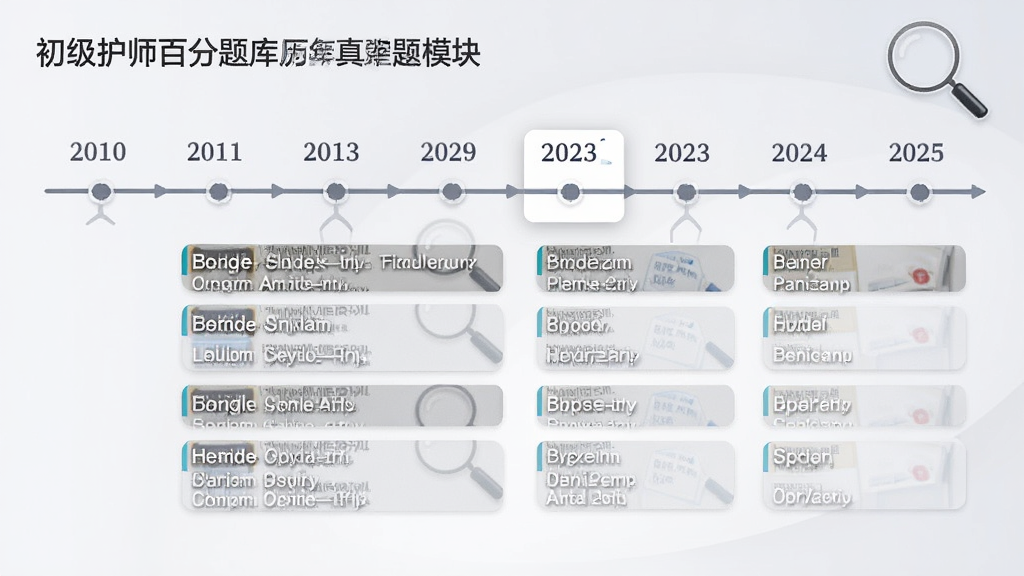 展示初级护师百分题库历年真题模块,界面以时间轴形式列出2010至2025年份,点击任意年份显示真题列表,背景为淡雅灰白渐变,配以放大镜图标,布局直观,风格学术专业,画质高清,无多余修饰。