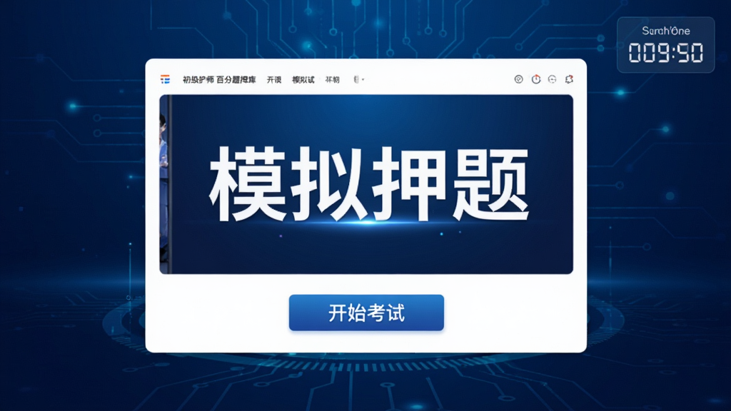 展示初级护师百分题库模拟押题界面,屏幕中央显示一套模拟试卷封面,标有“模拟押题”字样,右上角有计时器,下方有开始考试按钮,背景为深蓝色科技感渐变,布局聚焦,风格现代,画质细腻,无多余元素。