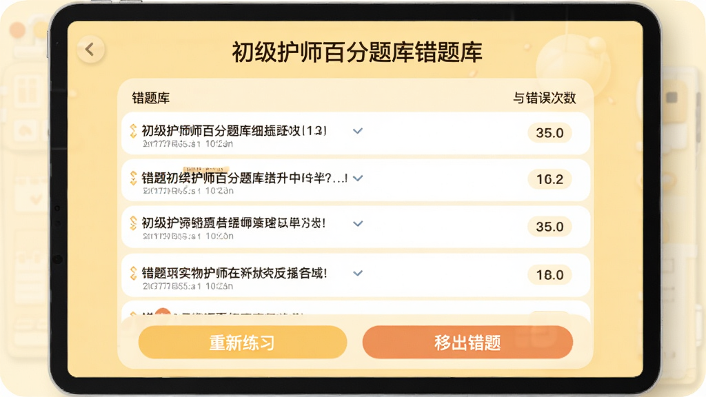 展示初级护师百分题库错题库界面,列表展示错题题目与错误次数,底部有“重新练习”与“移出错题”按钮,背景为柔和黄色调,布局简洁,风格温馨,画质清晰,无多余元素。
