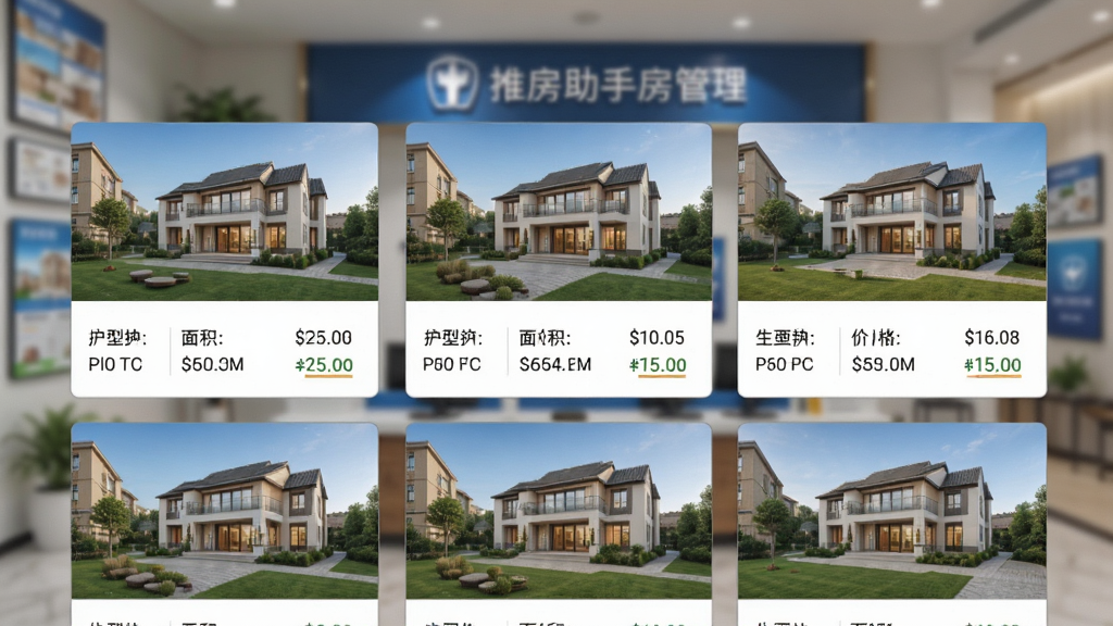 推房助手房源管理页面,显示房源卡片列表,包含户型、面积、价格等信息,背景为模糊的房产中介门店,布局为网格状,排版有序,风格清晰明亮,细节丰富,画质高清,干净无多余元素