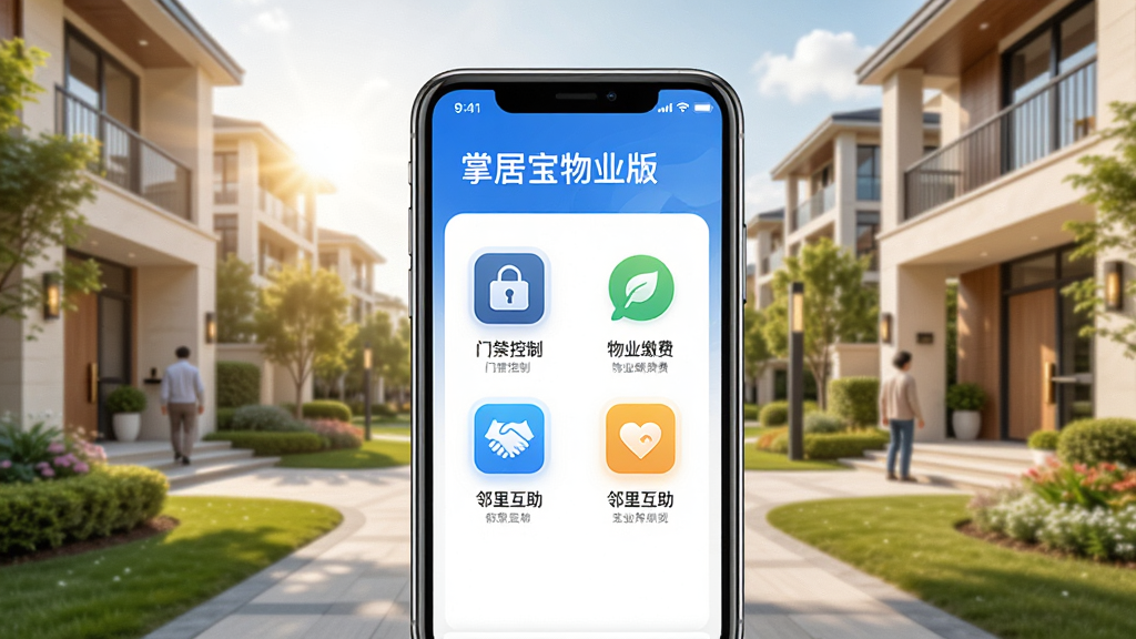 图片展示掌居宝物业版在智能手机上的主界面,背景是温馨明亮的现代小区环境,界面清晰显示“掌居宝物业版”字样以及门禁控制、物业缴费、邻里互助等主要功能图标,整体风格简洁现代,画质高清,干净无多余元素