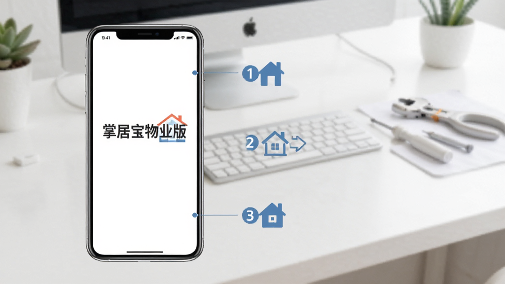 展示掌居宝物业版使用指南示意图,手机上显示“掌居宝物业版”字样,旁边有步骤序号图标,背景为干净的工作台,整体风格简洁明了,画质清晰,无多余元素