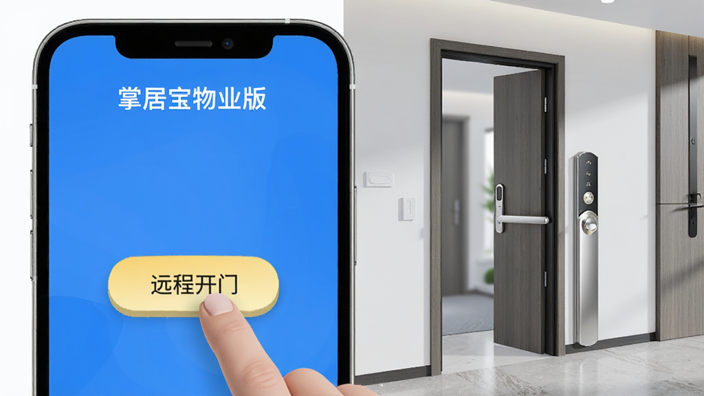 展示掌居宝物业版手机界面上的智能门禁控制页面,界面上有“掌居宝物业版”字样,模拟点击“远程开门”按钮后单元门自动打开的3D场景,画面清晰明亮,风格写实,画质高清,干净无多余元素