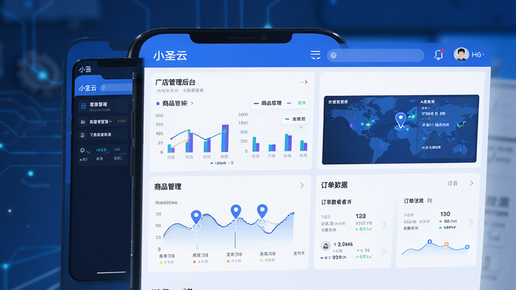 小圣云软件界面预览图,主体为手机端应用界面展示,布局清晰展示门店管理后台、商品管理、订单数据看板,配以蓝色科技感主色调,整体排版简洁现代,风格商务科技,细节包括图表数据、门店定位图标,画质高清干净,无多余元素。