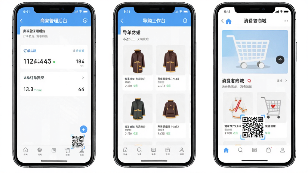 小圣云三端互联示意图,主体为三个智能手机屏幕并排展示,分别显示商家管理后台、导购工作台、消费者商城页面,布局对称,排版清晰,风格扁平化,细节包括订单数据、商品图片、二维码,画质干净明亮,无多余元素。