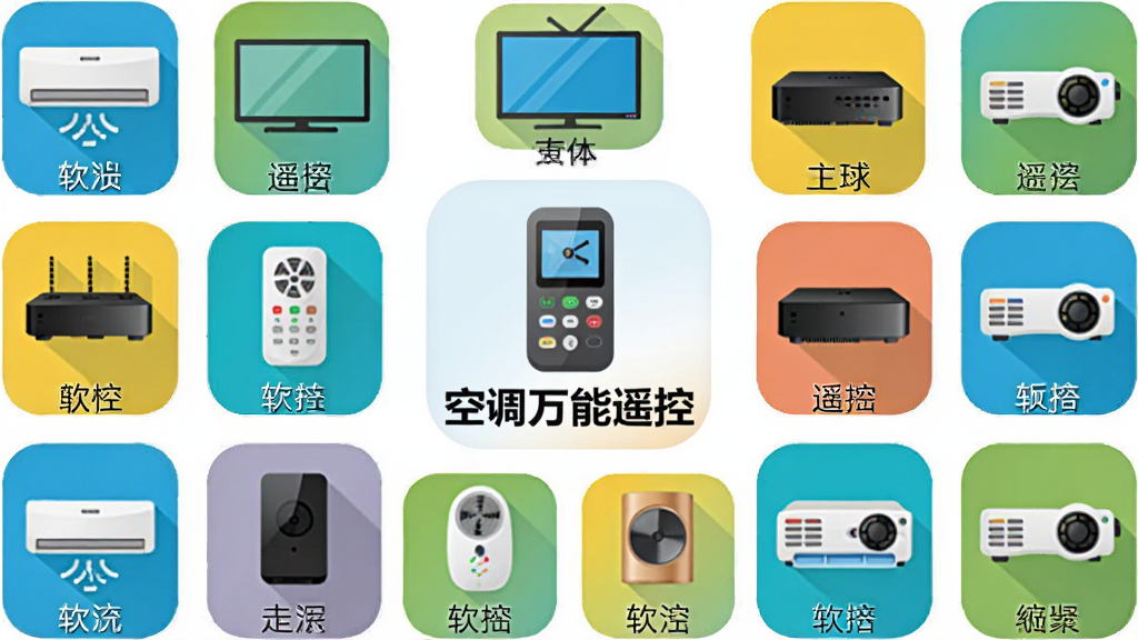 主体:“空调万能遥控”软件LOGO周围环绕着空调、电视、机顶盒、投影仪等电器的图标。布局:LOGO居中,各种电器图标呈圆形排列在周围。排版:图标大小统一,排列整齐有序。风格:扁平化设计,色彩鲜明。细节:每个电器图标下方有对应的中文名称标注。画质:清晰,干净,无多余元素。