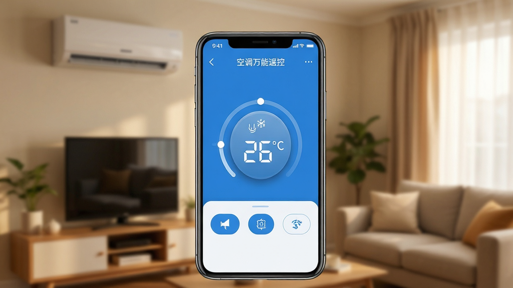主体:一部智能手机屏幕正显示“空调万能遥控”APP的操作界面,界面上有温度调节旋钮和模式选择按钮。布局:手机居中,背景为温馨的客厅一角,空调在远处墙上。排版:手机屏幕内容清晰可见,界面设计简洁。风格:写实风格,光线柔和。细节:手机屏幕上的温度数字显示为26℃,界面色彩以蓝色和白色为主。画质:高清,干净,无多余元素。