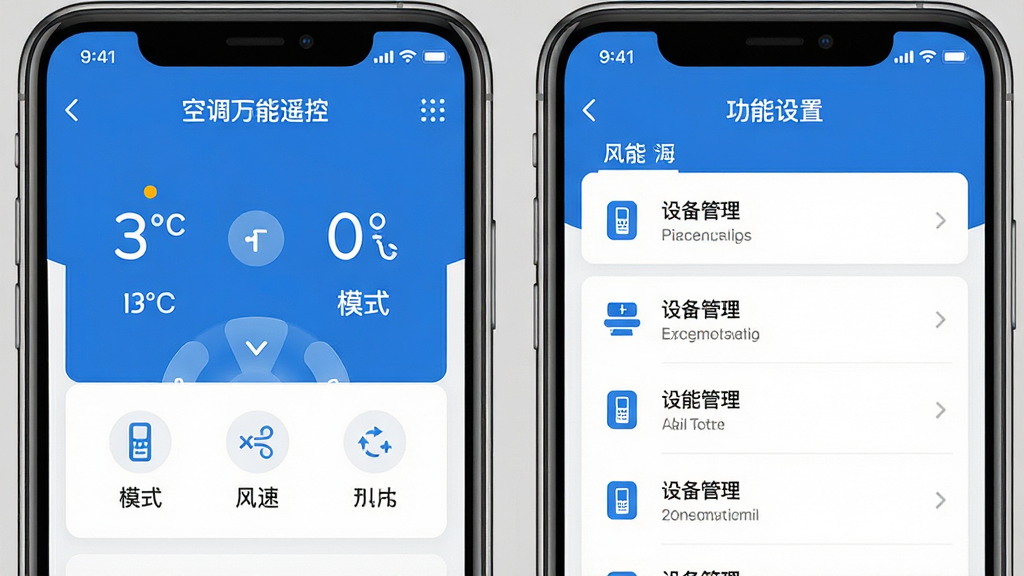 主体:“空调万能遥控”APP的界面设计展示图,包括主屏幕和功能设置页。布局:两张手机屏幕截图并排展示,背景为纯色浅灰。排版:界面元素对齐工整,图标下方有文字标签。风格:现代简约风格,蓝白配色。细节:主屏幕显示温度、模式、风速等控制选项,设置页显示设备管理列表。画质:高清,干净,无多余元素。