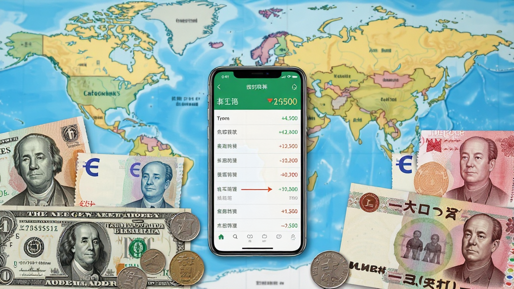 主体为一张世界地图背景,前景展示多个国家的货币纸币与硬币,包括美元、欧元、人民币、日元等,排列错落有致,中心位置放置一部手机,手机屏幕显示汇率转换App的实时汇率列表,界面清爽,布局平衡,写实风格,细节丰富,画质高清,干净无多余元素。