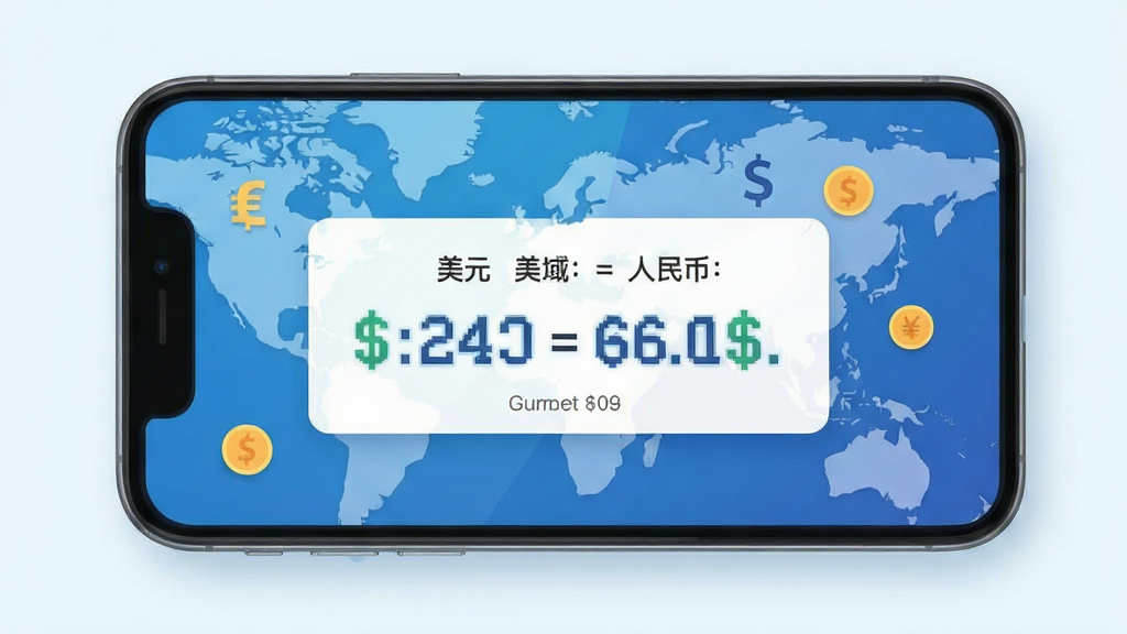 画面主体为一部智能手机屏幕展示汇率转换App界面,屏幕中央显示美元兑人民币的汇率转换结果,数字清晰醒目,背景为简约蓝色渐变,周围点缀世界地图轮廓与货币符号,布局干净,排版整齐,扁平化风格,细节丰富,画质高清,干净无多余元素。