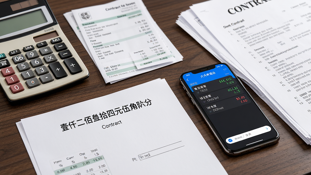 主体为一张财务办公桌,桌上有计算器、发票、合同文件,一份合同上印有“壹仟贰佰叁拾肆元伍角陆分”字样,旁边放着一部手机,手机屏幕显示汇率转换App的大写生成功能,布局紧凑,排版整齐,商务风格,细节丰富,画质高清,干净无多余元素。