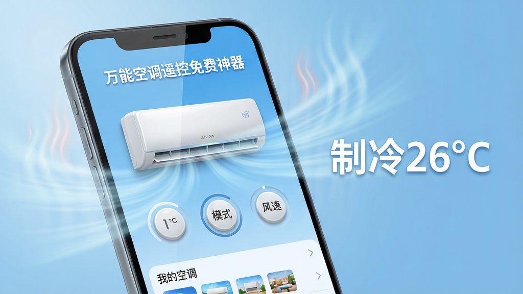 主体:一部智能手机屏幕显示《万能空调遥控免费神器》主界面,界面背景为浅蓝色渐变,中央是一台现代家用空调的3D模型,空调下方有温度、模式、风速的圆形控制按钮,手机周围环绕着冷热气流效果。布局:手机居中偏左,右侧悬浮显示“制冷26°C”的白色字样,底部有“我的空调”列表缩略图。排版:界面图标排列整齐,功能分区清晰,顶部有“万能空调遥控免费神器”白色艺术字标题。风格:写实与科技感结合,明亮通透。细节:手机屏幕反射柔和光线,按钮有立体按压效果,气流效果细腻。画质:8K超清,干净明亮,无多余元素。