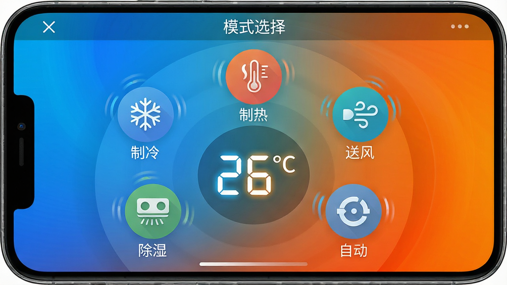 主体:一张手机横屏截图,展示《万能空调遥控免费神器》五种模式切换界面,五个大图标呈扇形排列,分别标注“制冷”“制热”“送风”“除湿”“自动”。布局:手机屏幕居中,五个图标环绕中心温度数字“26°C”,背景为动态渐变色调,从蓝色到橙色过渡。排版:图标下方有中文标签,顶部有“模式选择”字样。风格:简约扁平化设计,色彩鲜明。细节:每个图标有微小动态效果,温度数字带发光效果。画质:4K高清,画面干净,无多余元素。