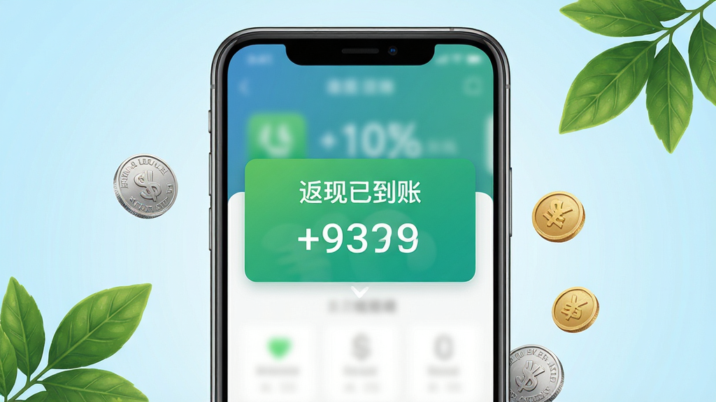 主体:手机支付界面展示返现到账通知,屏幕上显示“返现已到账”和金额数字。布局:手机屏幕特写,周围环绕小额硬币和绿色树叶装饰,背景为浅蓝色渐变。排版:通知弹窗居中,字体清晰醒目。风格:写实与插画结合,色调清新,细节丰富,画质高清,干净无多余元素。