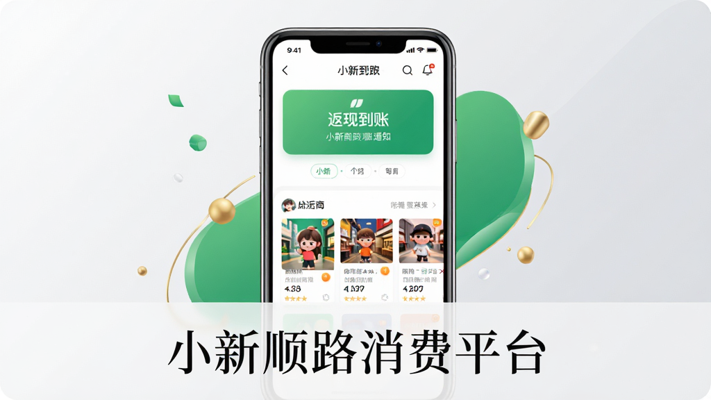 主体:小新顺路消费平台APP界面展示,手机屏幕显示返现到账通知和附近商家列表。布局:手机居中,屏幕内容清晰,背景为简约的浅灰色渐变,搭配绿色和金色装饰元素。排版:手机下方配以“小新顺路消费平台”文字标识,字体优雅。风格:现代科技感,明亮通透,细节丰富,画质高清,干净无多余元素。