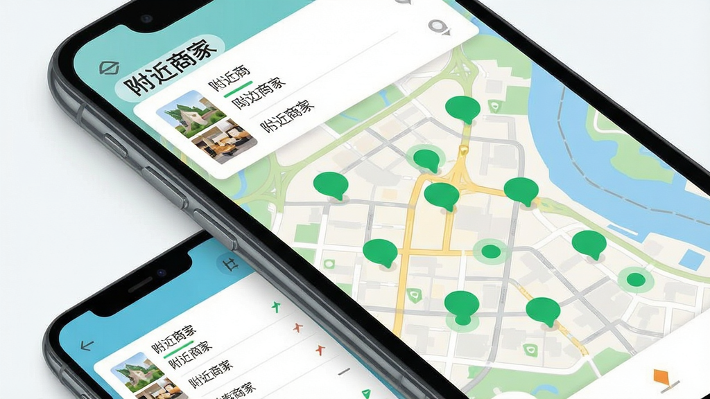 主体:地图界面展示周边商家分布,标记为绿色圆点,手机屏幕上方显示“附近商家”列表。布局:地图占据画面主体,手机屏幕位于左下角。排版:地图清晰,商家标记醒目。风格:扁平化设计,色彩清新,细节丰富,画质高清,干净无多余元素。