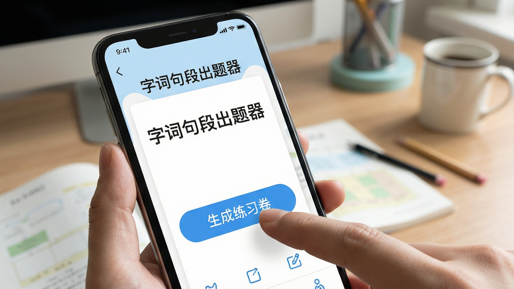 展示手机端操作界面,手指点击“生成练习卷”按钮,屏幕上有“字词句段出题器”字样,背景为学习桌面,风格写实,画质清晰,无多余元素