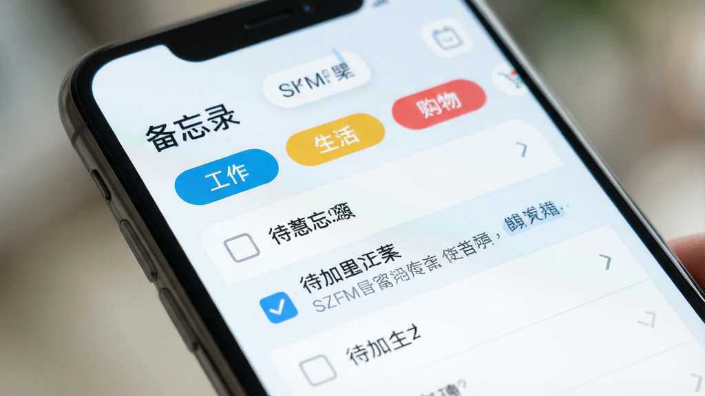 一张手机屏幕的特写,屏幕上清晰展示着SZFMer应用的主界面,界面风格简洁清爽,以白色和浅蓝色为主色调。界面顶部显示“备忘录”字样,下方整齐排列着几个不同颜色的分类标签,如“工作”、“生活”、“购物”。界面中部是几条待办事项列表,每条事项前有方形的勾选框,其中一条被选中并显示详情。整体布局扁平化,图标线条圆润,背景虚化,突出应用界面的清晰与易用性。画质高清,干净,无多余元素。
