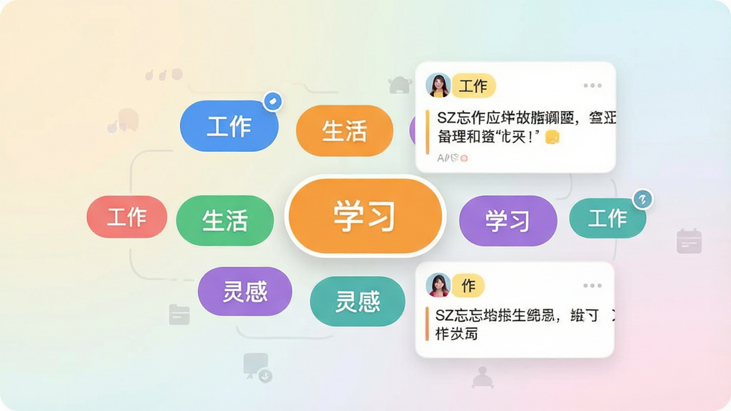 SZFMer应用分类标签管理界面示意图。画面中央展示一个标签云或标签列表,包含“工作”、“生活”、“学习”、“灵感”等彩色圆角标签,其中一个标签被选中并放大,周围浮现出带有该标签的几条备忘录卡片预览。背景为淡雅的渐变色,整体设计富有条理且视觉友好。画质高清,干净,无多余元素。