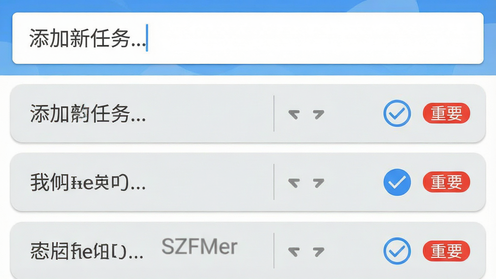 SZFMer应用待办清单功能预览图。画面布局为上下结构,上方是一个输入框,提示文字“添加新任务...”,下方是任务列表,每个任务项右侧有一个圆形勾选按钮和“重要”红色小标签。列表项背景为浅灰色,带有轻微的圆角,滑动操作指示图标清晰可见。整体风格为Material Design,色彩明快,层次分明,画质清晰,干净,无多余元素。