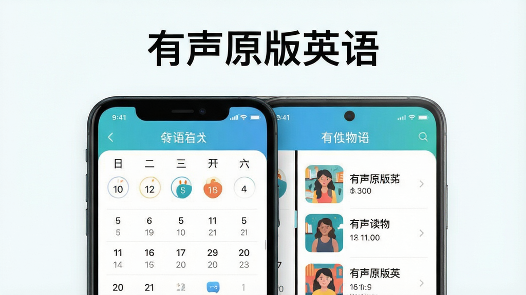 一张展示“有声原版英语”应用核心界面的高清宣传图,主体是手机屏幕内的日历打卡页面与有声读物列表,布局清晰,上方显示应用名称“有声原版英语”,整体风格清新简约,扁平化设计,色彩明快,画质细腻,干净无多余元素。