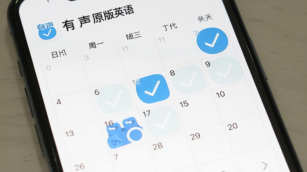 一张描绘“有声原版英语”应用日历打卡页面的图片,主体是手机界面,日历上显示一周七天,其中几天已标记完成,布局简洁,风格清新,画质清晰,干净无杂物。
