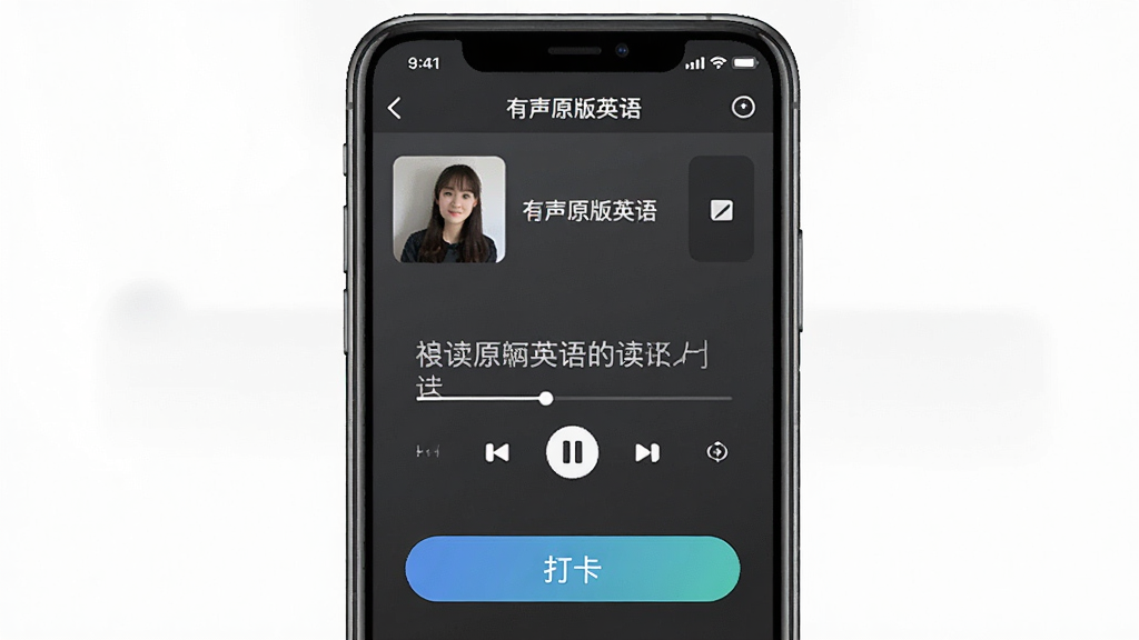 一张展示“有声原版英语”应用播放界面的图片,主体是手机屏幕,显示音频播放器、跟读文本和打卡按钮,布局合理,风格清爽,画质清晰,干净无多余元素。