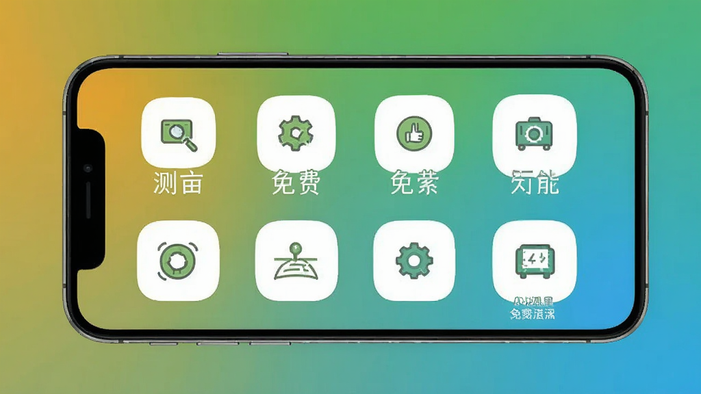 测亩测量免费测的简洁主界面设计图,主体为手机主屏幕展示各个功能图标,布局为网格排列,背景为纯色渐变,风格扁平化,细节清晰,画质干净,无多余元素。