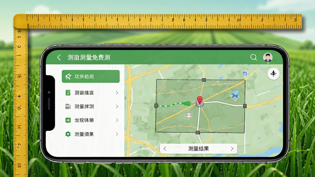 一款名为“测亩测量免费测”的手机应用界面预览图,主体为手机屏幕展示测亩操作页面,背景是绿色田野与测量标尺元素,布局简洁,左侧有功能列表,右侧显示地图测量结果,风格写实,细节清晰,画质干净,无多余元素。