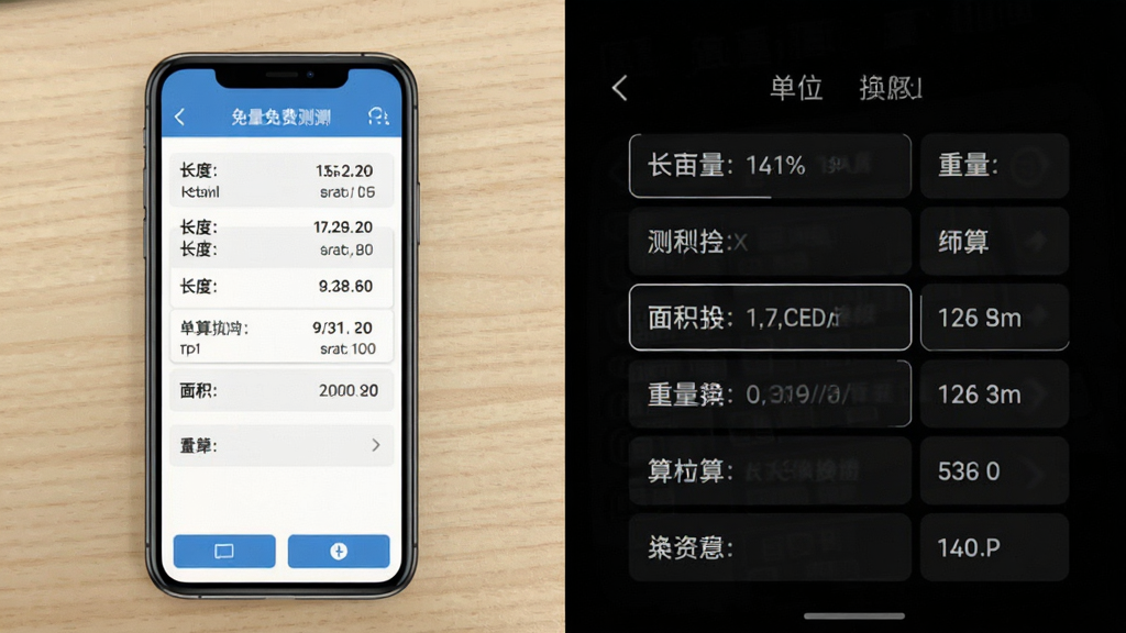 测亩测量免费测的单位换算功能截图,主体为手机界面显示长度、面积、重量等换算选项,布局为表单形式,背景为浅色桌面,风格简约,细节清晰,画质干净,无多余元素。