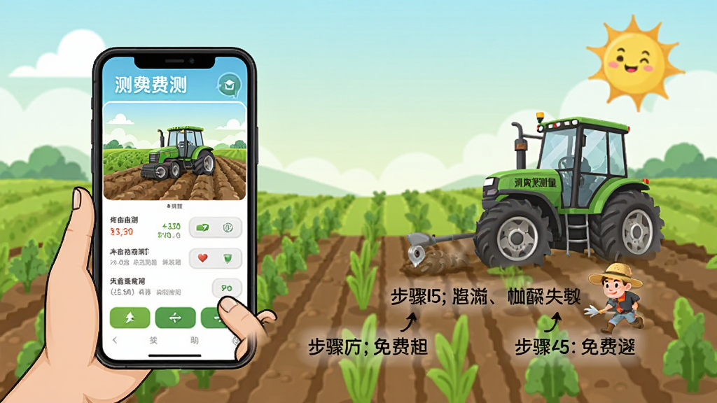 测亩测量免费测的使用教程插图,主体为手机操作演示,背景为农田,布局为步骤示意,风格卡通,细节清晰,画质干净,无多余元素。