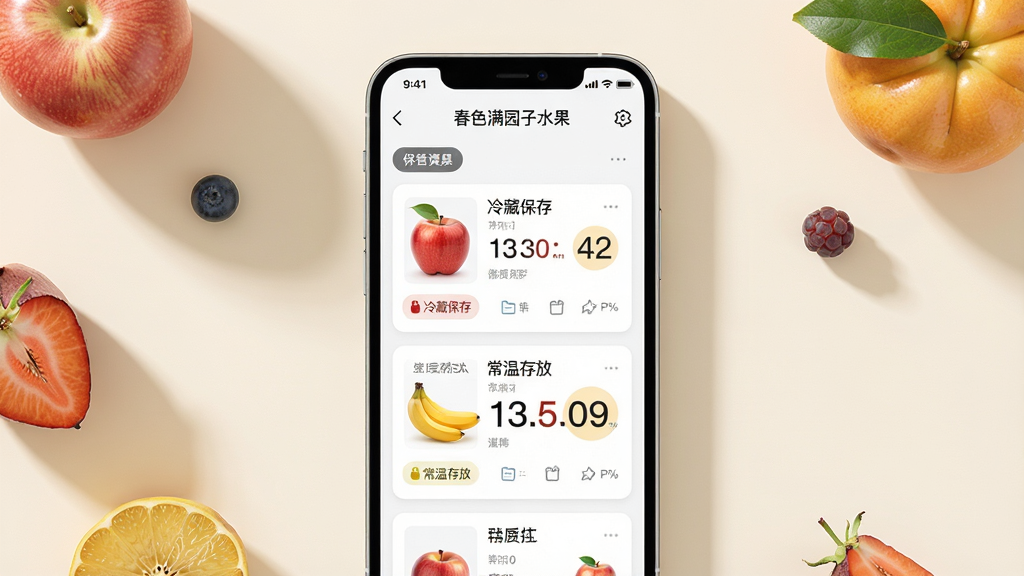 主体:智能手机运行春色满园子水果库存管理页面,屏幕上显示多种水果卡片及保质期倒计时;布局:手机居中,屏幕内容清晰可见,周围点缀新鲜水果;排版:UI界面列表式排列,状态标签突出;风格:写实与UI结合,光影自然,浅色背景;细节:苹果卡片标注“冷藏保存”,香蕉卡片显示“常温存放”,倒计时数字醒目;画质:高清渲染,干净,无多余元素