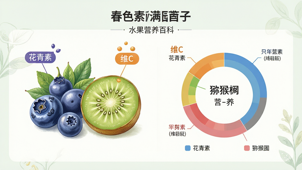 主体:春色满园子应用内的水果营养百科页面,展示蓝莓与猕猴桃的详细营养数据图表;布局:屏幕占据画面中心,左侧是水果实物图,右侧是营养百分比环形图;排版:信息层级分明,数据可视化清晰;风格:简约医学插画风,背景淡雅;细节:水果图片带有“花青素”、“维C”标注,图表颜色区分明显;画质:高细节表现,干净,无多余元素