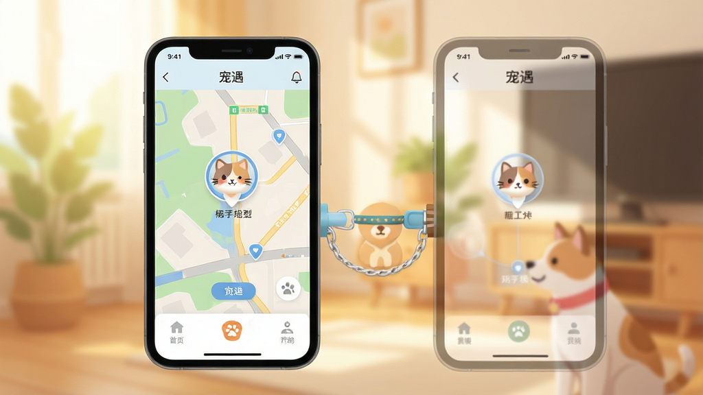 一张展示智能手机连接宠物智能项圈的场景图,手机屏幕正显示“宠遇”App的实时定位地图界面,地图上有一个可爱的宠物猫图标位置标记,画面温馨明亮,采用现代扁平化设计风格,UI界面清晰,背景虚化处理,突出手机与项圈的互联关系,整体画质干净,无多余元素