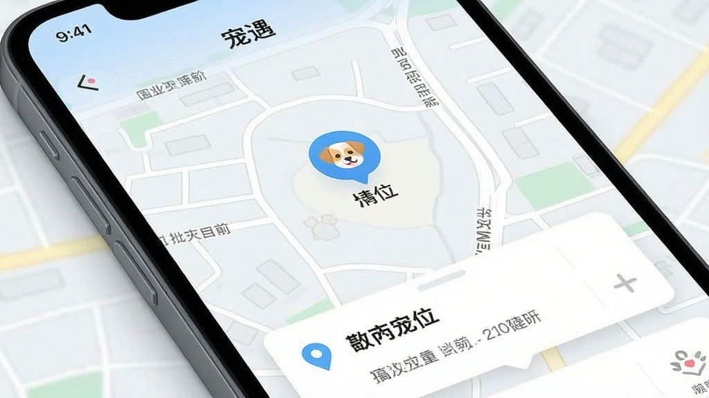 一张手机App界面特写图,屏幕显示“宠遇”App的实时定位页面,地图上清晰显示宠物位置图标与当前街道名称,界面简洁明了,定位信息卡片悬浮于地图下方,画面风格简洁清晰,UI设计现代,画质干净
