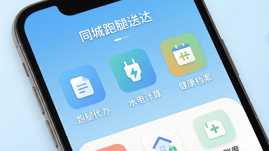 一幅现代风格的手机应用界面展示图,主体为“同城跑腿送达”App主屏幕,屏幕中清晰显示“跑腿代办”、“水电计算”、“健康档案”等功能图标,整体布局简洁明快,采用扁平化设计风格,背景为干净的浅蓝色渐变,界面元素整齐排列,画质高清,细节丰富,无多余杂物,突出软件一站式生活服务的核心功能。