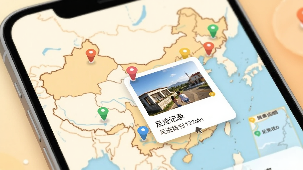 一幅旅行打卡功能界面设计图,手机屏幕展示一张中国地图,上面分布着多个彩色图钉标记,点击其中一个图钉弹出照片和文字记录弹窗,背景是柔和的暖色调,整体风格清新活泼,排版清晰,突出足迹记录和回忆保存功能,画质干净,无多余元素。