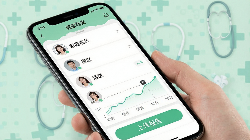 一幅健康管理功能展示图,手机屏幕显示健康档案主页面,包含家庭成员头像列表和健康指标折线图,下方有“上传报告”按钮,背景为淡绿色医疗风格,整体设计简洁专业,数据可视化清晰,画质高清,无多余元素。