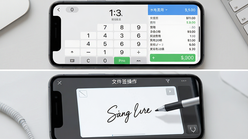 一张手机应用功能展示图,画面中手机屏幕分为上下两部分,上半部分显示水电费用计算界面,包含数字键盘和费用明细列表,下半部分显示文件签名操作界面,有手写区域和签名笔迹,背景为淡灰色桌面,整体风格简约商务,排版规整,突出实用工具属性,画质高清,无多余元素。