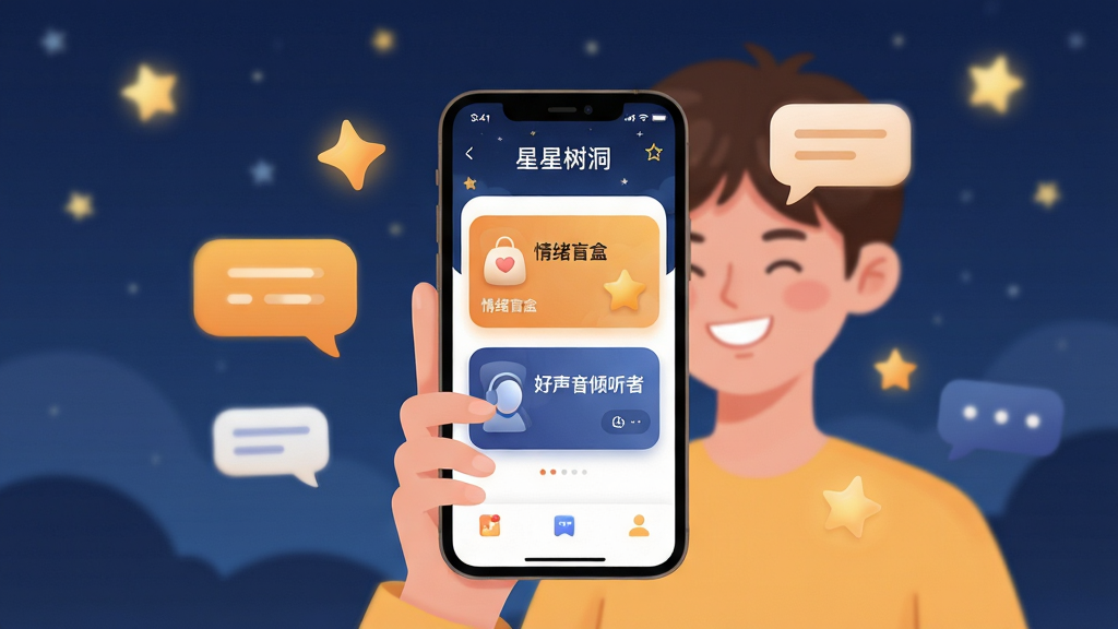 ���壺һλ������΢Ц��ʹ���ֻ��ϵ���������App���棬������ʾ������ä�С��͡������������ߡ����ܿ�Ƭ����������о���ů���������֣����Ĺ�ͼ���ֻ���������չʾ���Ӿ����ģ���Χ����͵��ǹ�ͳ���ĶԻ�����Ԫ�ء��Ű棺�ֻ���Ļ�ڵ�UI���������ɼ�������ͼ�겼�ֺ����������������ʡ���񣺱�ƽ�������΢���ɫ������ů�ĳȻ�ɫ�;��׵�����ɫΪ����Ӫ�찲�����ߵķ�Χ��ϸ�ڣ��ֻ���Ļ���С�����������������������ģ��������ҹ�պ����ǣ����������ɡ����ʣ����壬�ɾ����޶���Ԫ�ء�