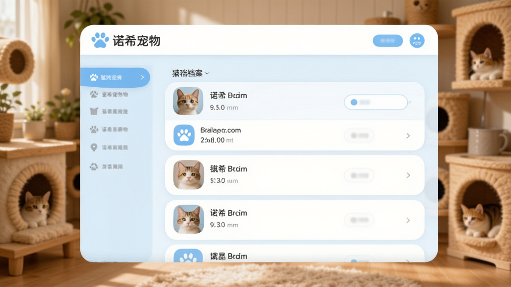 诺希宠物软件主界面,展示猫咪档案列表,背景是温馨的猫舍环境,界面设计简洁现代,以浅蓝和白色为主色调,图标圆润清晰,布局合理,画质干净,无多余元素,突出“诺希宠物”品牌标识