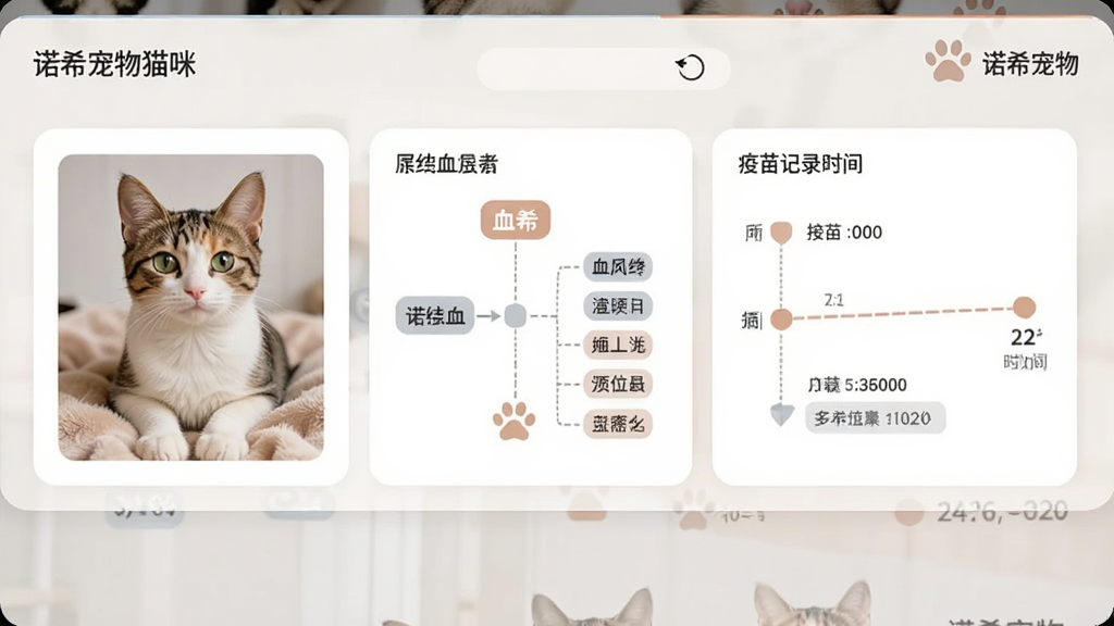 诺希宠物猫咪档案详情页,包含猫咪照片、血统图表、疫苗记录时间线,界面以卡片式布局呈现,信息层级清晰,搭配柔和色彩,画质干净,无多余元素,标注“诺希宠物”字样