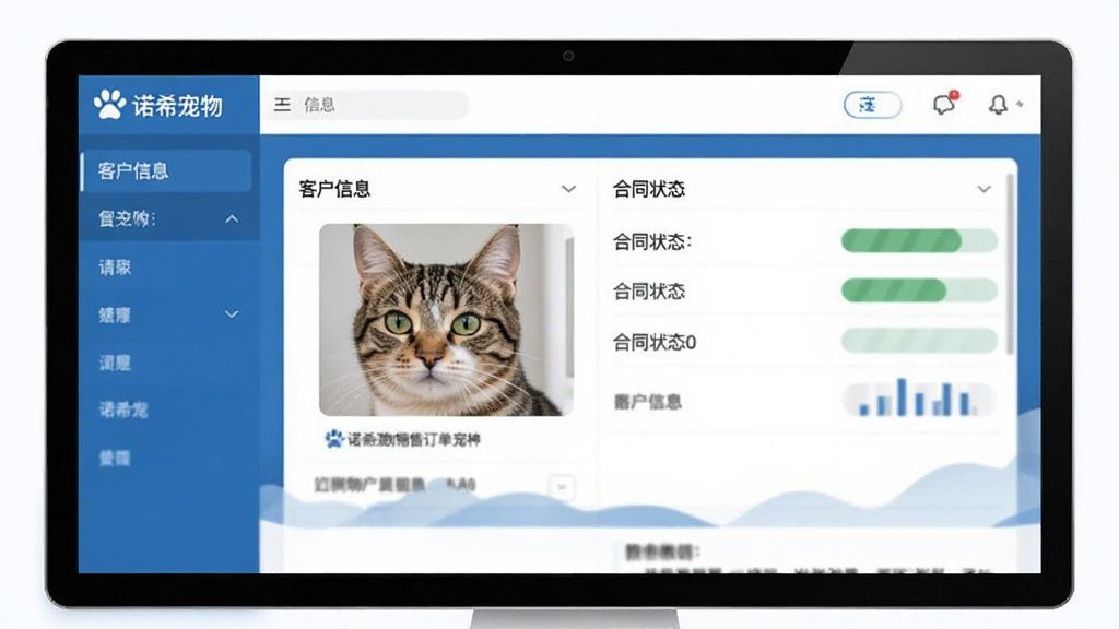 诺希宠物销售订单管理界面,展示客户信息、猫咪照片、合同状态,界面简洁商务,蓝白配色,画质干净,无多余元素,标注“诺希宠物”