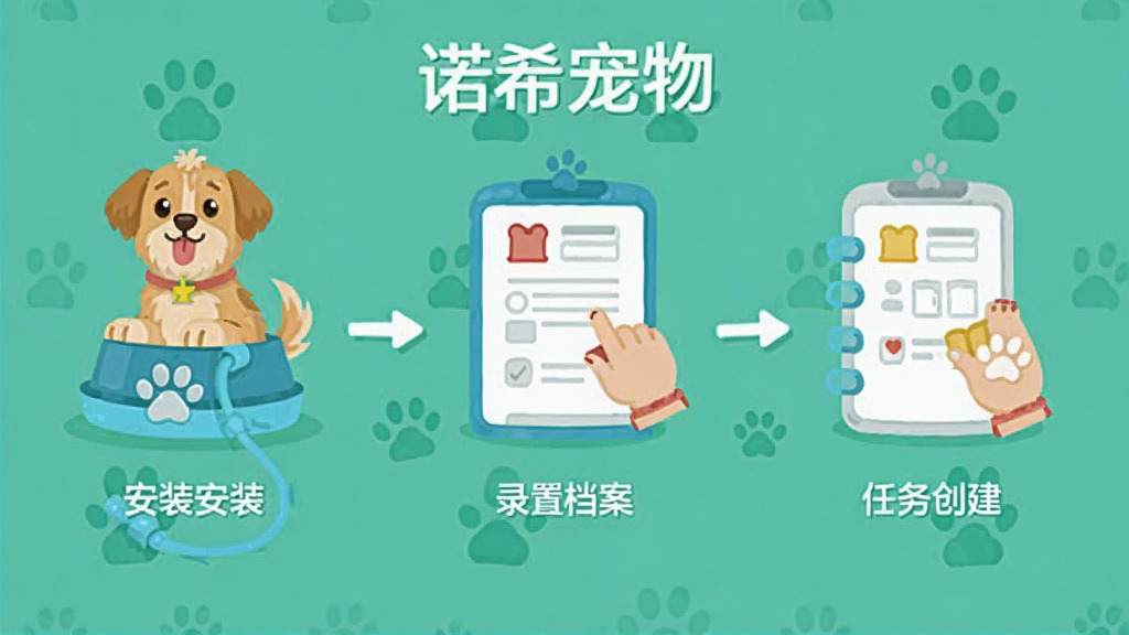 诺希宠物使用教程步骤图,展示安装、设置、录入档案、任务创建等流程,风格为简洁的扁平化插画,色彩明快,画质干净,无多余元素,标注“诺希宠物”